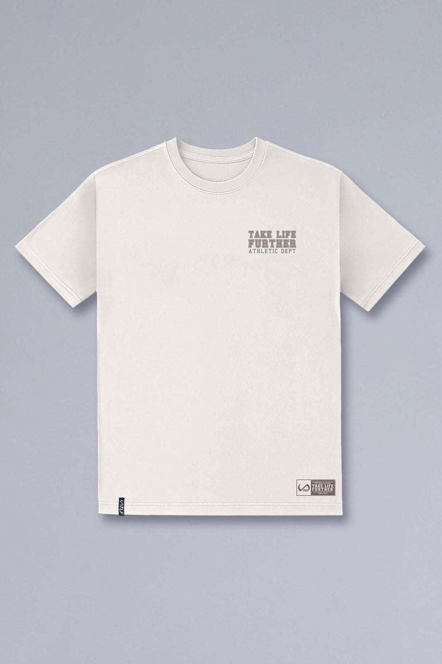 Front View of Off White TLF Digital Camo Cotton Luxe Oversized Tee featuring a pixelated camo print design across the back in our oversized t shirt fit