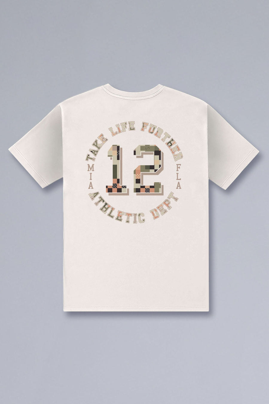 Back View of Off White TLF Digital Camo Cotton Luxe Oversized Tee featuring a pixelated camo print design across the back in our oversized t shirt fit