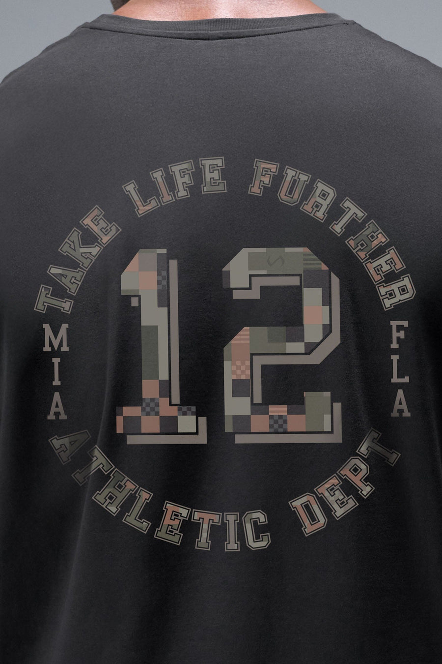 Back View of Black TLF Digital Camo Cotton Luxe Oversized Tee featuring a pixelated camo print design across the back in our oversized t shirt fit
