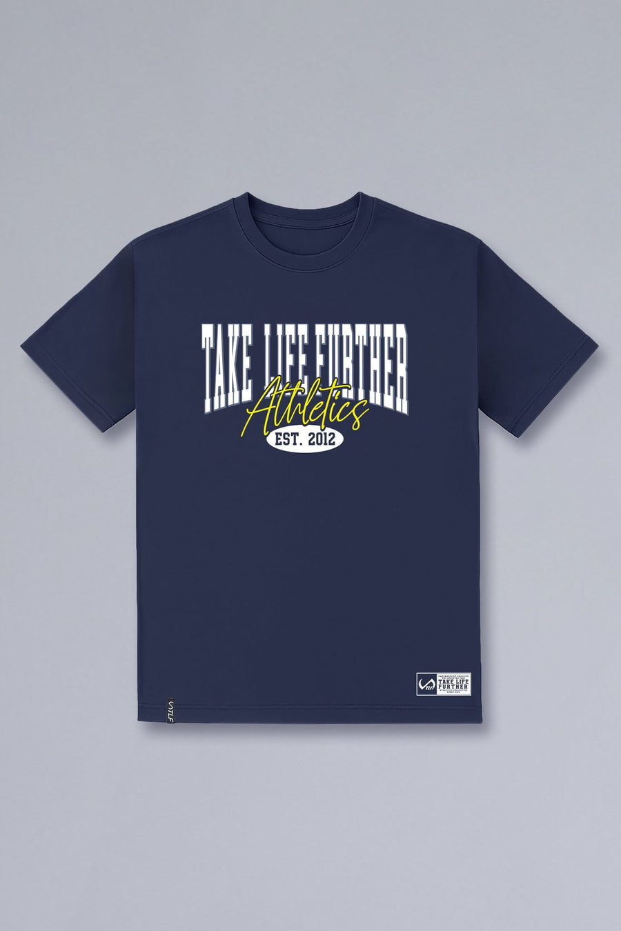 Front View of Blue TLF Athletic Dept Cotton Luxe Oversized Tee featuring a bold 2 one graphic print design across the chest in our oversized shirt fit