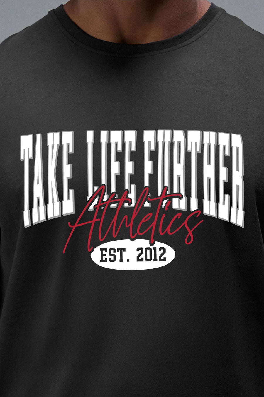 Detail Front View of Black TLF Athletic Dept Cotton Luxe Oversized Tee featuring a bold 2 one graphic print design across the chest in our oversized shirt fit