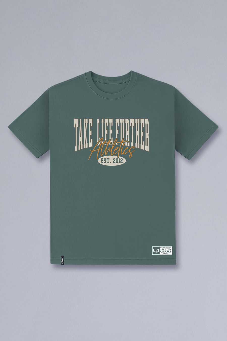 Front View of Green TLF Athletic Dept Cotton Luxe Oversized Tee featuring a bold 2 one graphic print design across the chest in our oversized shirt fit