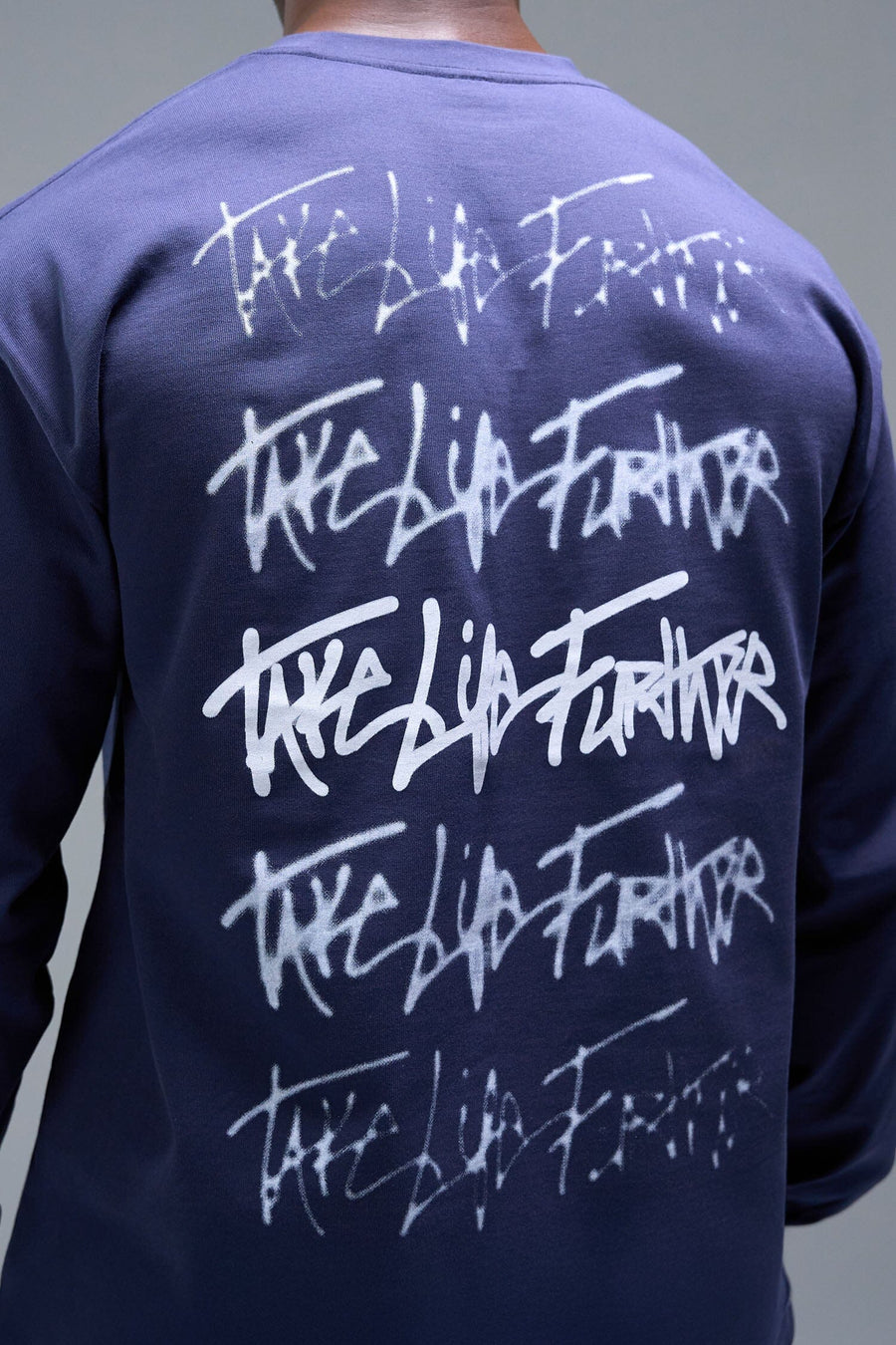 Detail Back View of Midnight Blue TLF Blur Oversized Heavy Weight Long Sleeve, durable and versatile for gym or street wear