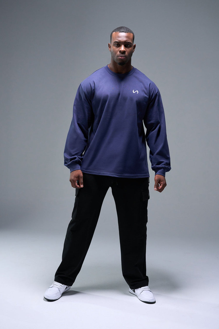 Front View of Midnight Blue TLF Blur Oversized Heavy Weight Long Sleeve, durable and versatile for gym or street wear