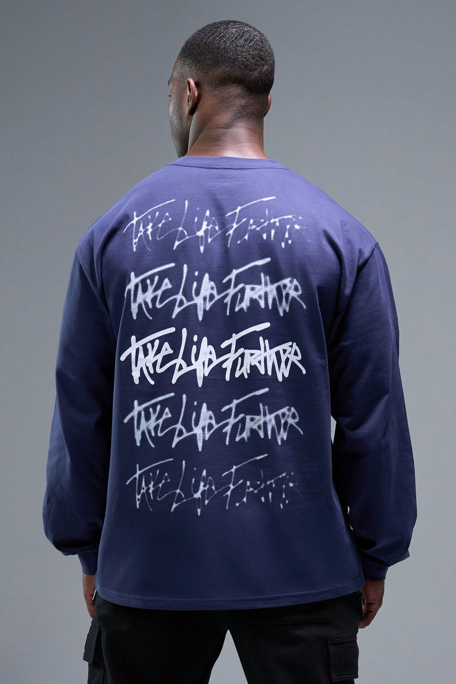 Back View of Midnight Blue TLF Blur Oversized Heavy Weight Long Sleeve, durable and versatile for gym or street wear
