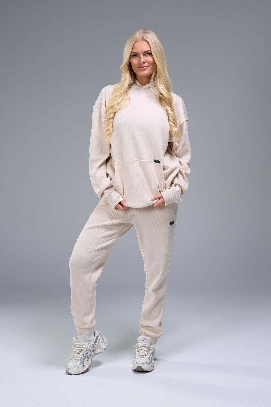 Front View of White TLF Elevate Waffle Tech Hoodie, featuring kangaroo pockets, and double panel hoodie designed for all day wear