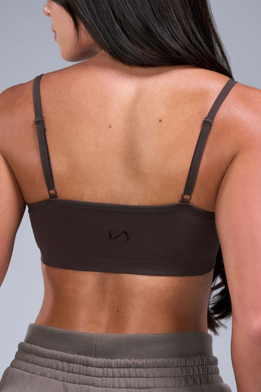 Back View of Brown TLF Essential Scrunch Seamless Bralette, featuring adjustable straps for a custom fit and scrunch front design