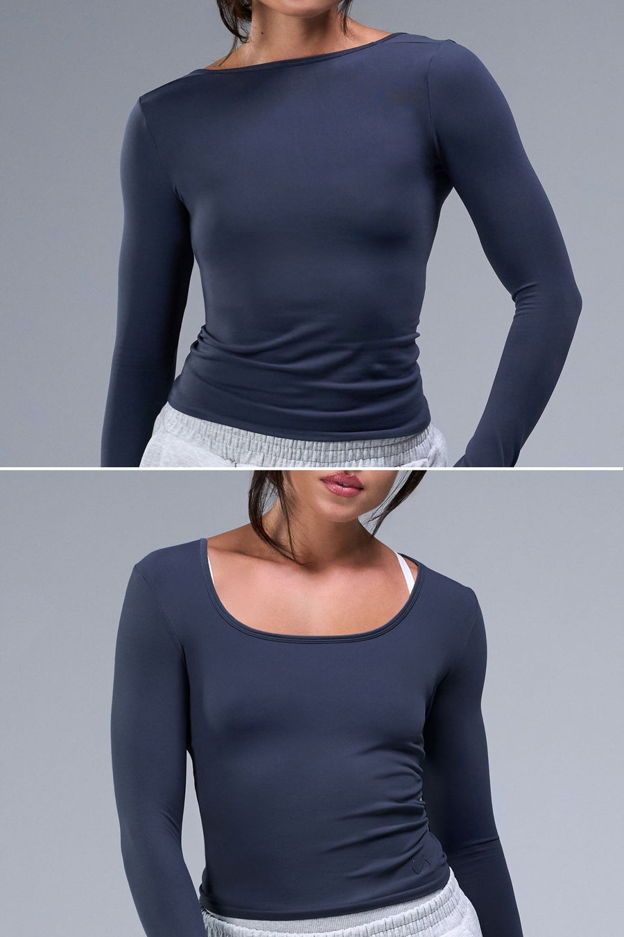 Front View of Blue TLF Essential Seamless Reversible Scoop Neck, featuring thumbholes and multi wear for boat neck or scoop neck styling