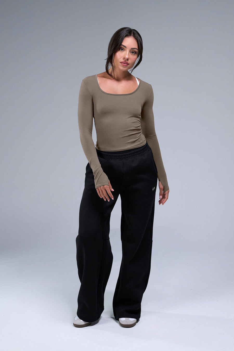 Front View of Brown TLF Essential Seamless Reversible Scoop Neck, featuring thumbholes and multi wear for boat neck or scoop neck styling