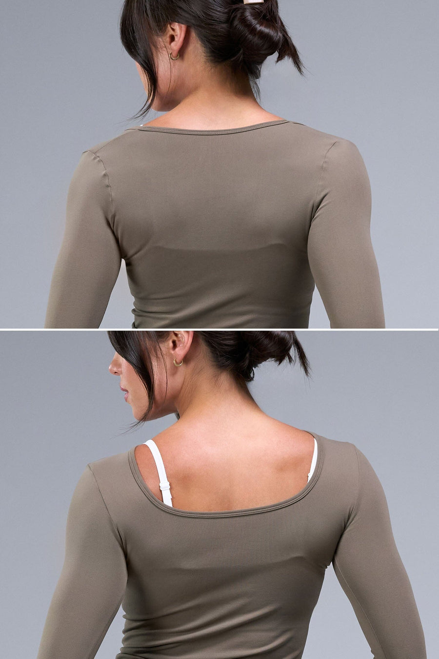 Back View of Brown TLF Essential Seamless Reversible Scoop Neck, featuring thumbholes and multi wear for boat neck or scoop neck styling