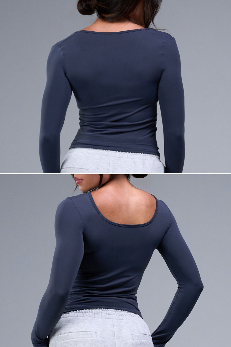 Back View of Blue TLF Essential Seamless Reversible Scoop Neck, featuring thumbholes and multi wear for boat neck or scoop neck styling