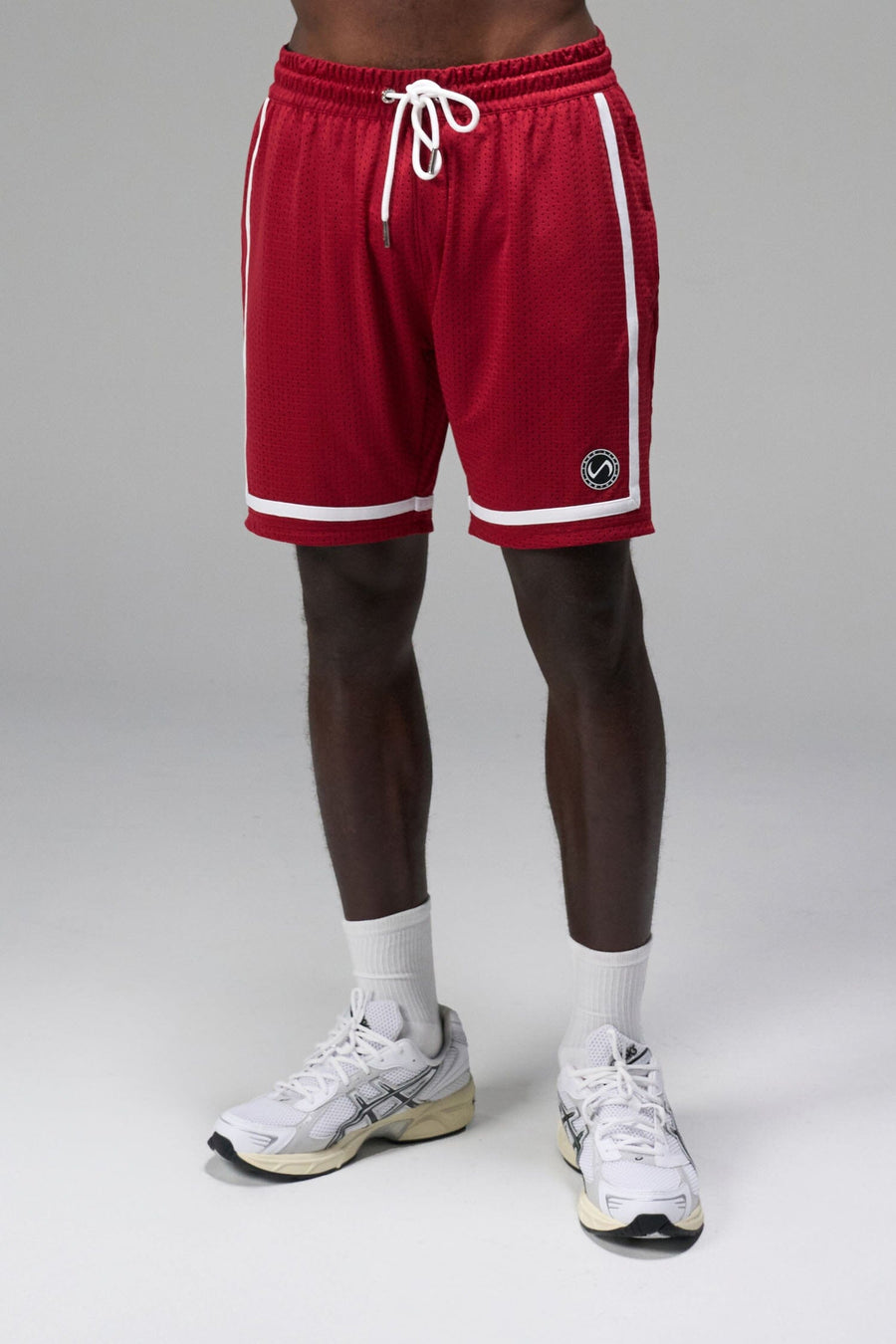 Front View of Red GTS Athletic 8 Inch Shorts, featuring an 8-inch inseam and zipper pockets