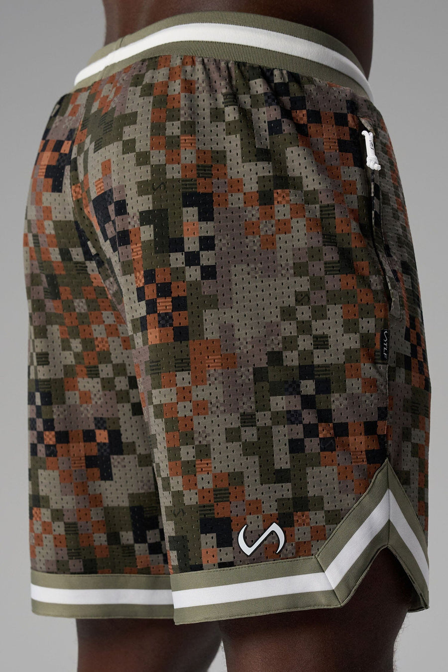 Back View of Digital Camo GTS Evolve Mesh 8 Inch Shorts, featuring an 8-inch inseam, custom digital camo design and zipper pockets
