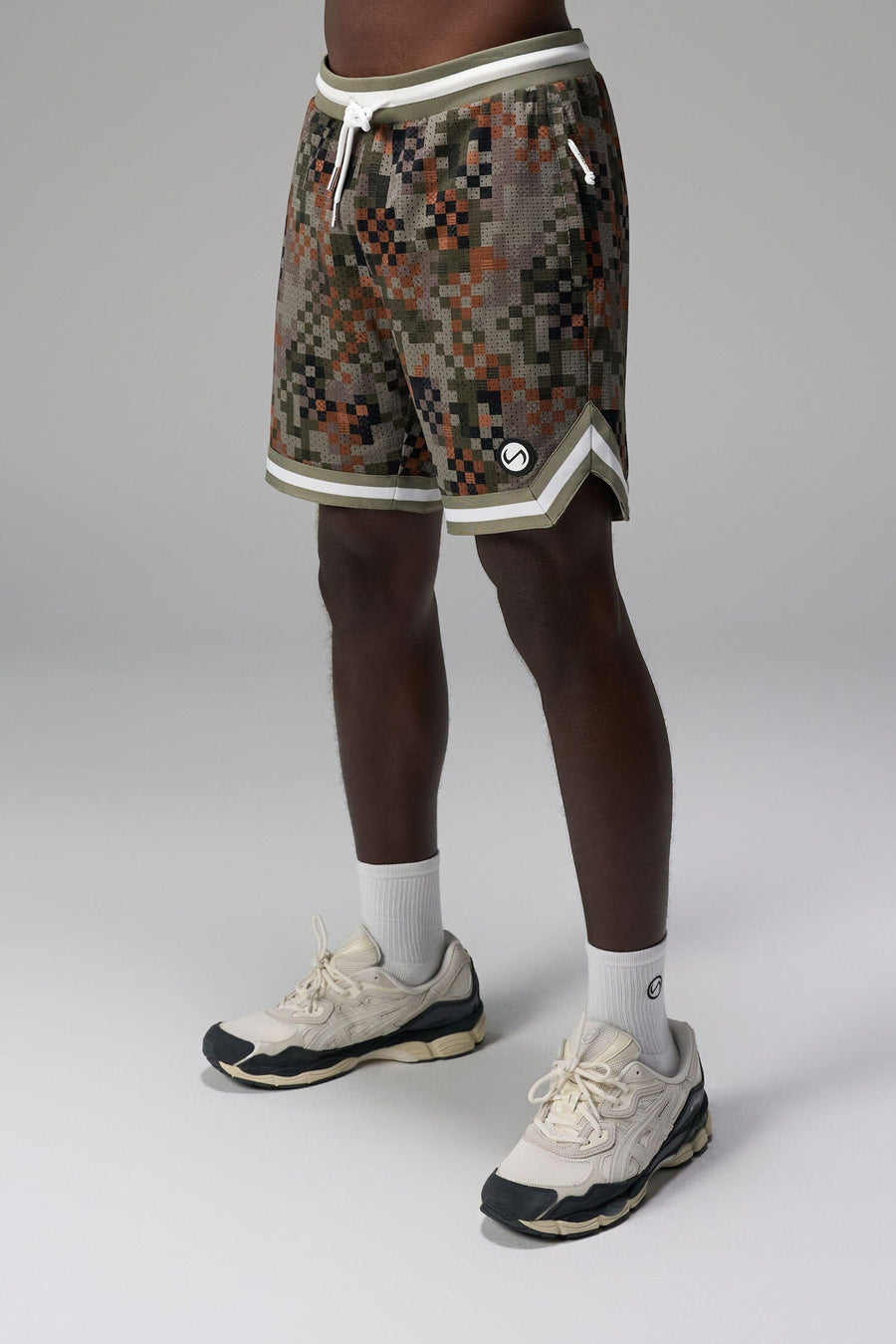 Front View of Digital Camo GTS Evolve Mesh 8 Inch Shorts, featuring an 8-inch inseam, custom digital camo design and zipper pockets