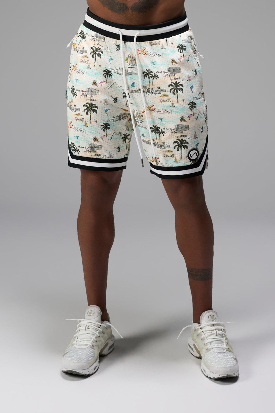 Front View of TLF Miami GTS Evolve Mesh 8 Inch Shorts, featuring an 8-inch inseam, custom miami print design and zipper pockets