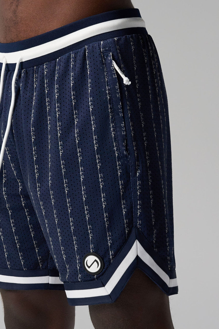 Front View of Blue GTS Evolve Mesh 8 Inch Shorts, featuring an 8-inch inseam, custom pinstripe design and zipper pockets