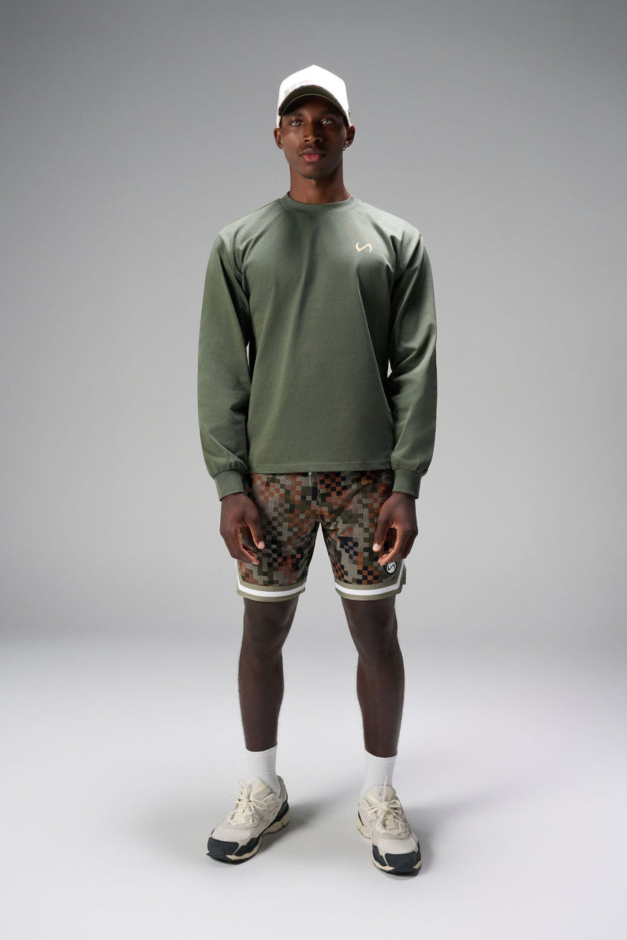 Front View of Digital Camo GTS Evolve Mesh 8 Inch Shorts, featuring an 8-inch inseam, custom digital camo design and zipper pockets