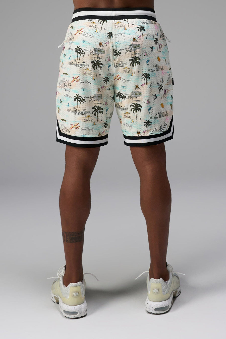 Back View of TLF Miami GTS Evolve Mesh 8 Inch Shorts, featuring an 8-inch inseam, custom miami print design and zipper pockets