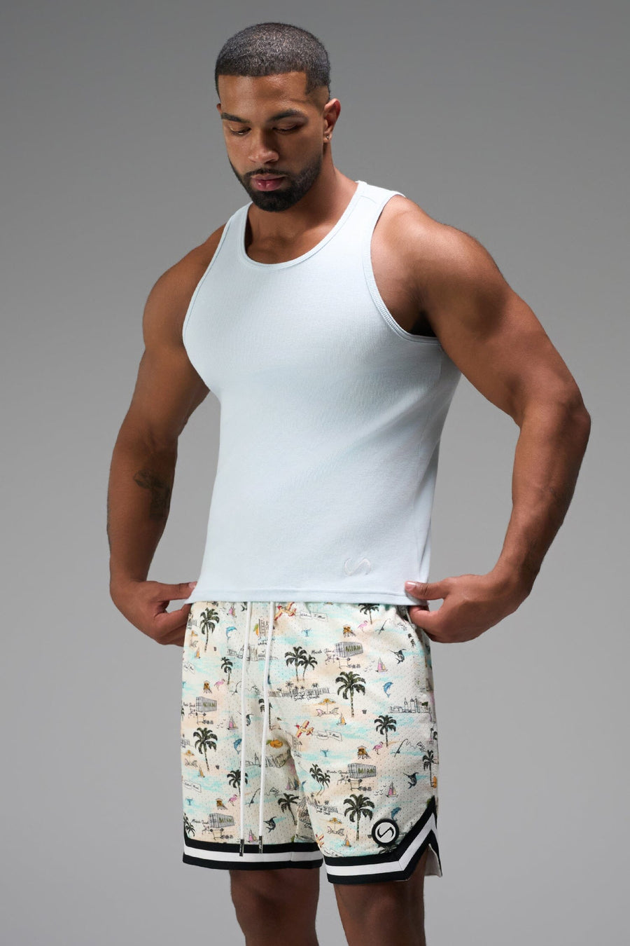 Front View of TLF Miami GTS Evolve Mesh 8 Inch Shorts, featuring an 8-inch inseam, custom miami print design and zipper pockets
