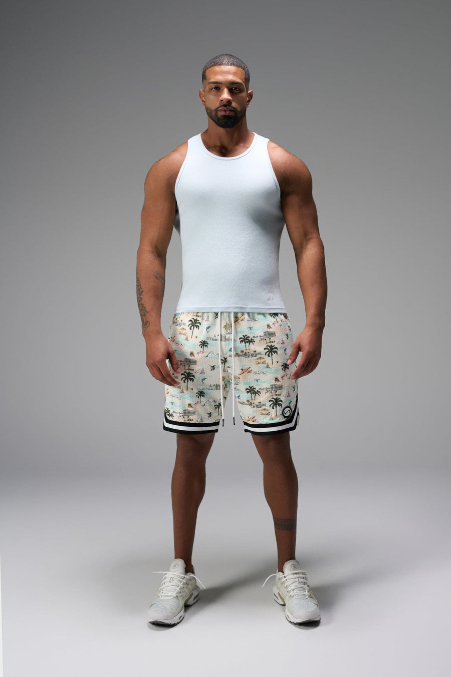 Front View of TLF Miami GTS Evolve Mesh 8 Inch Shorts, featuring an 8-inch inseam, custom miami print design and zipper pockets