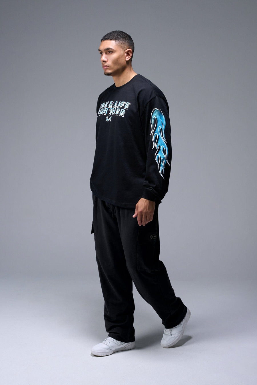 Front View of Black TLF GTS Oversized Heavy Weight Long Sleeve, durable and versatile for gym or street wear