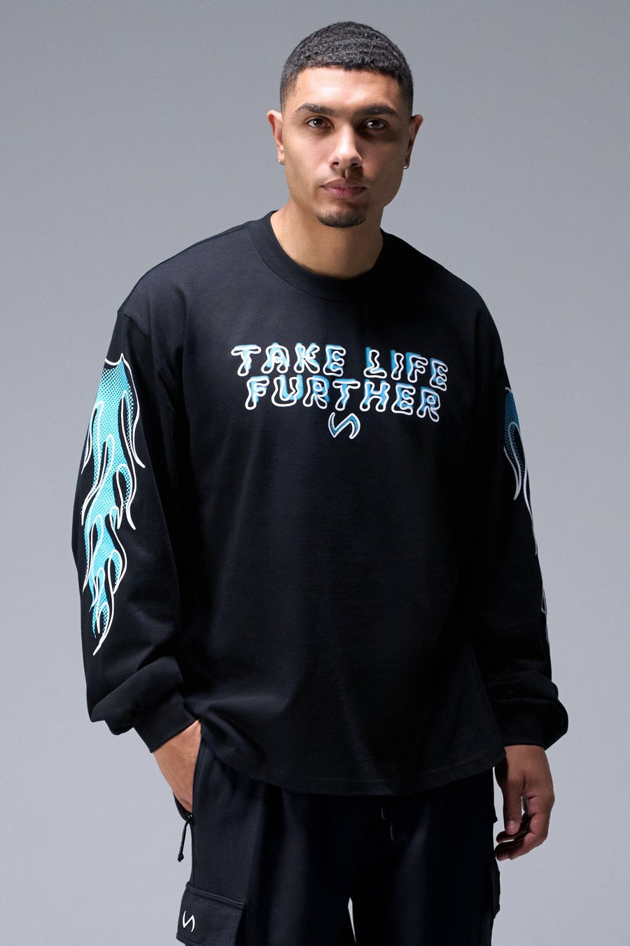 Front View of Black TLF GTS Oversized Heavy Weight Long Sleeve, durable and versatile for gym or street wear
