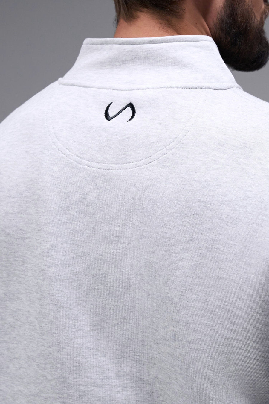 Detail Back View of Light Heather Gray TLF GTS Scuba Tech Quarter-Zip Pullover, featuring a ¼ zip pullover, sleek design and kangaroo pockets