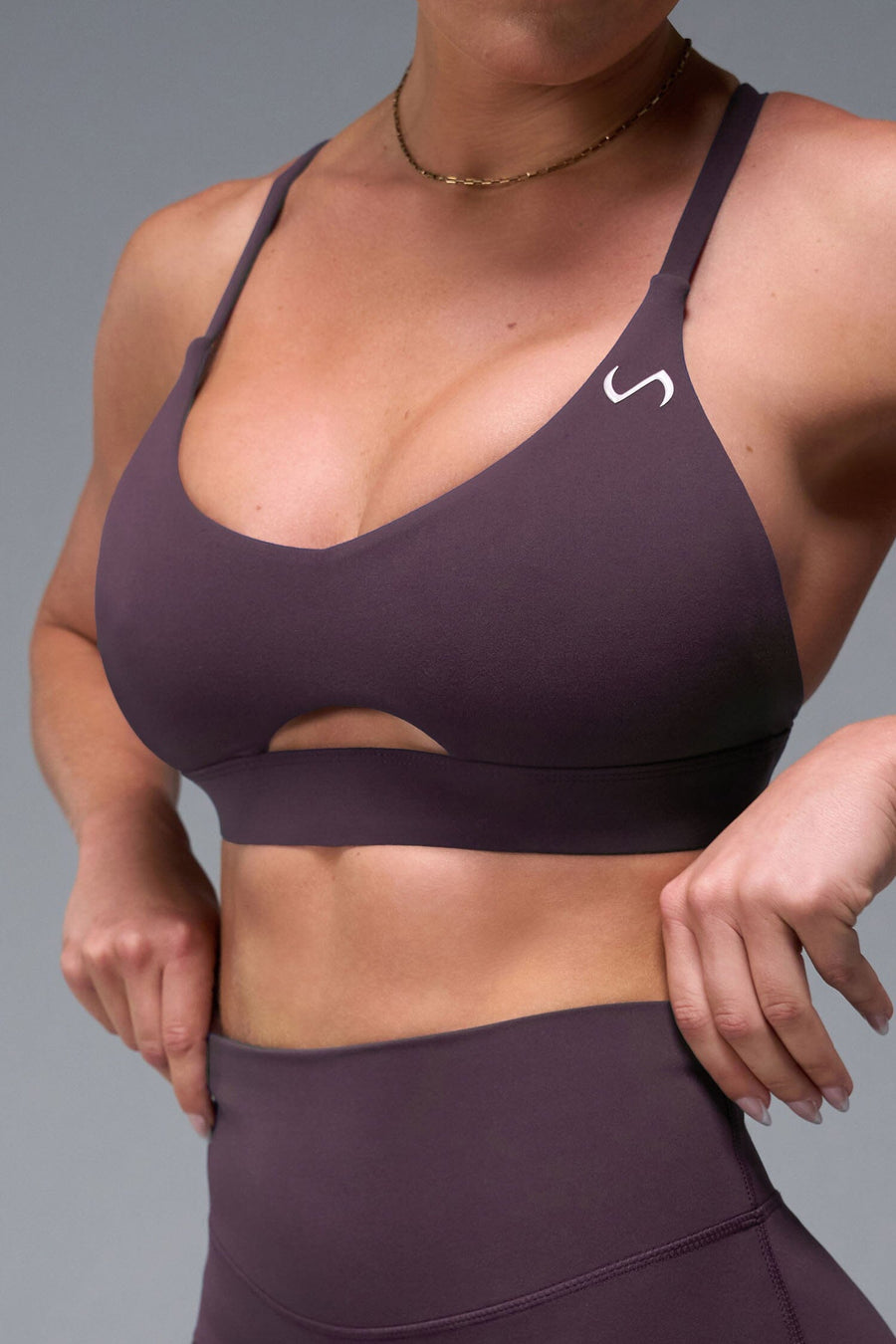 Front View of Brown TLF NeoCloud™ Keyhole Sports Bra featuring a strappy back and keyhole front design with low to medium support