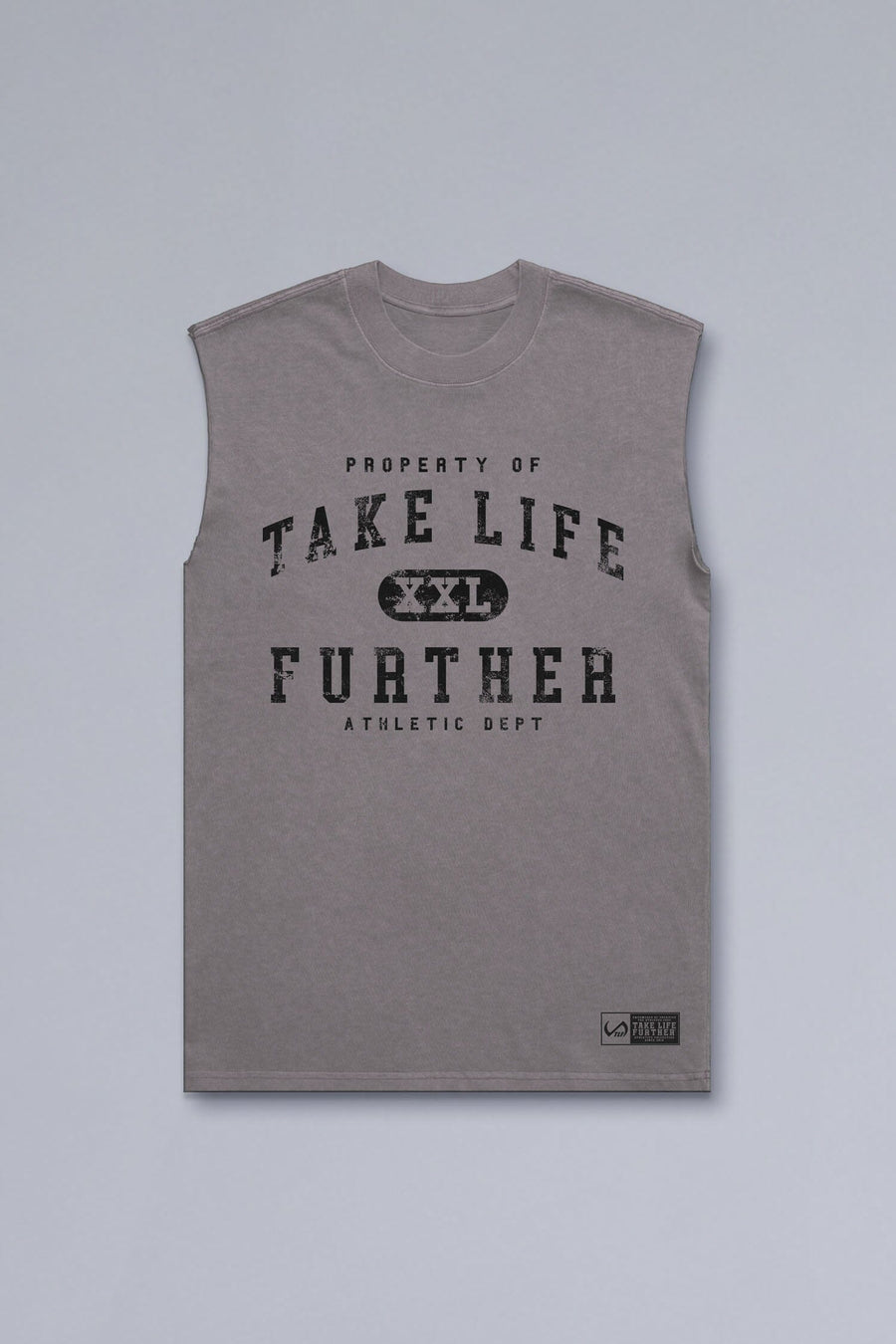 Front View of Gray TLF Property Of Heavy Cotton Muscle Tank featuring a distressed graphic design and raw edge arm holes.