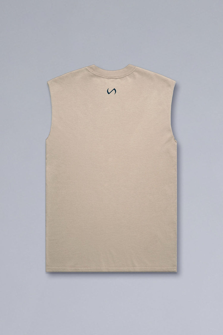 Back View of Tan TLF Property Of Heavy Cotton Muscle Tank featuring a distressed graphic design and raw edge arm holes.