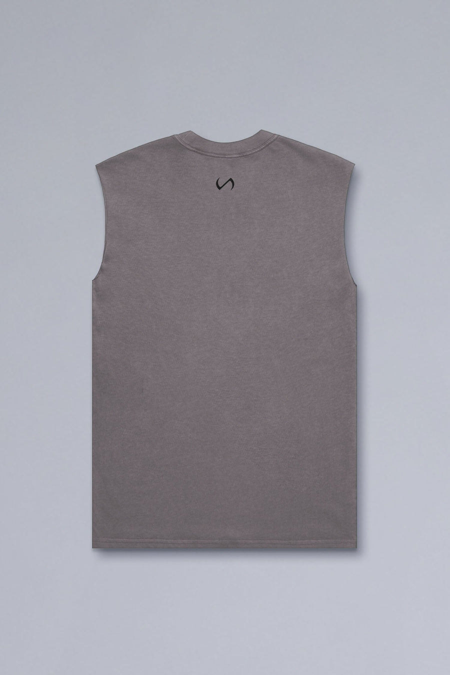 Back View of Gray TLF Property Of Heavy Cotton Muscle Tank featuring a distressed graphic design and raw edge arm holes.
