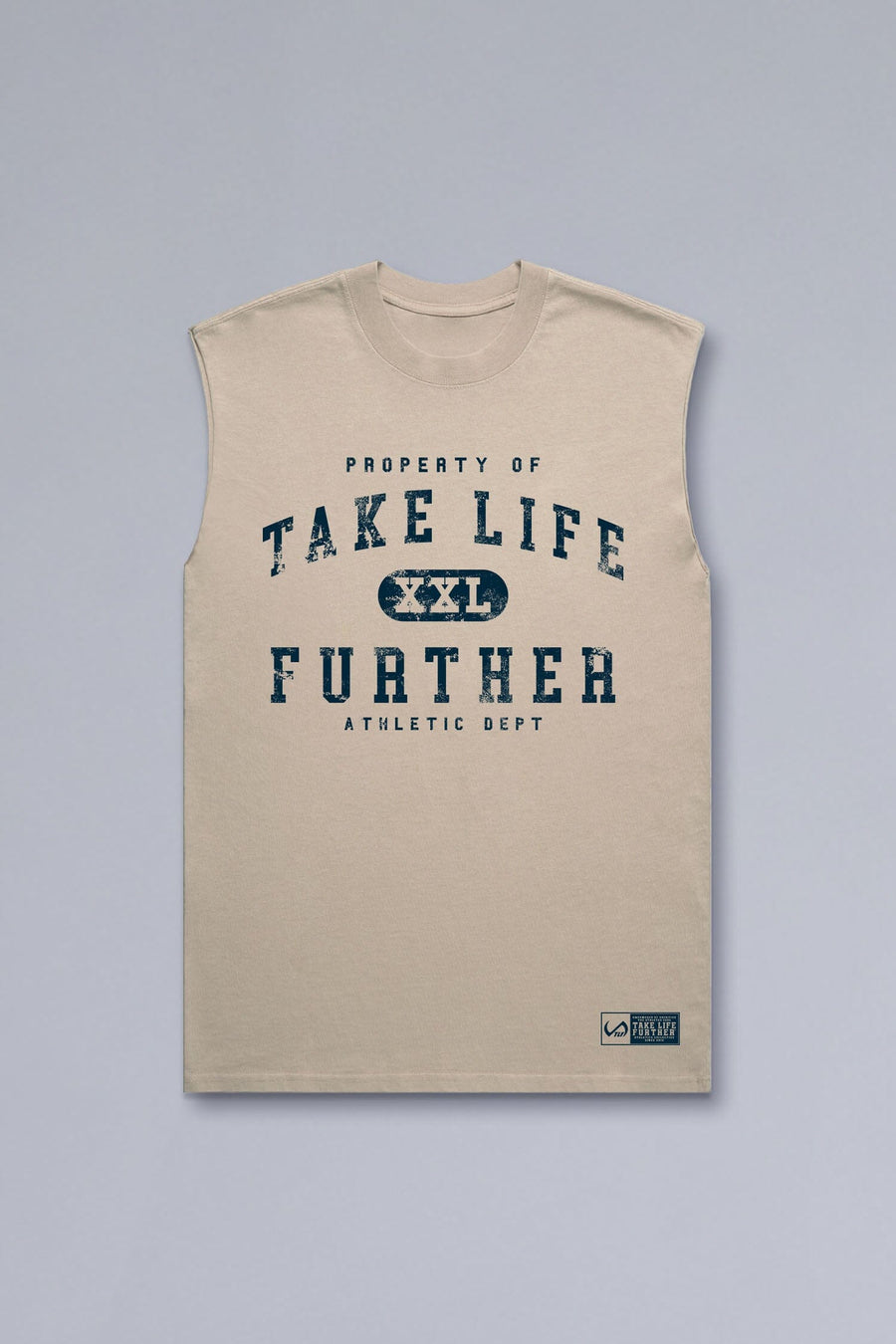 Front View of Tan TLF Property Of Heavy Cotton Muscle Tank featuring a distressed graphic design and raw edge arm holes.