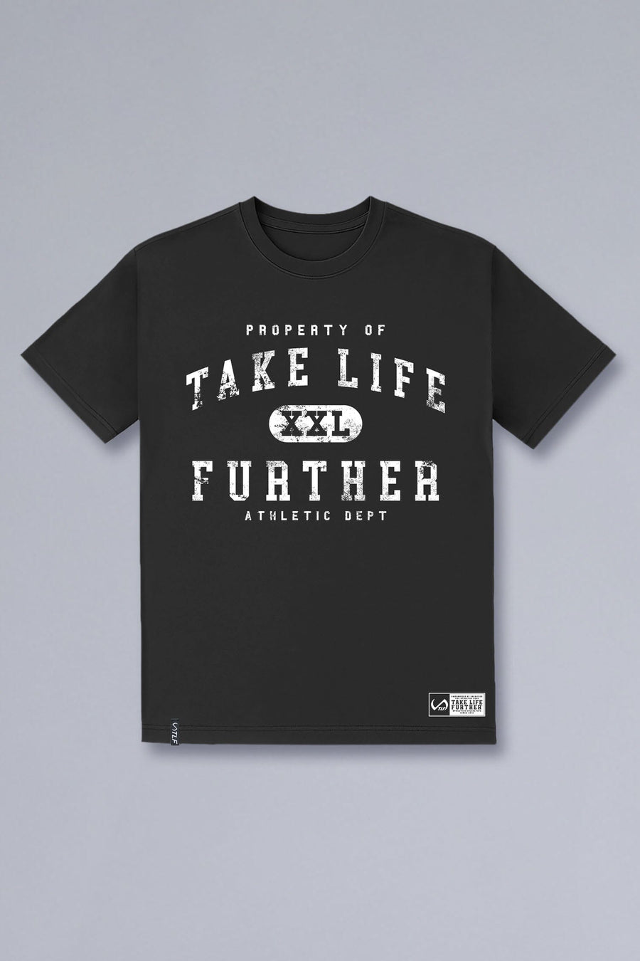 Front View of Black TLF Property of Cotton Luxe Oversized Tee featuring a distressed graphic print design across the chest in our oversized t shirt fit