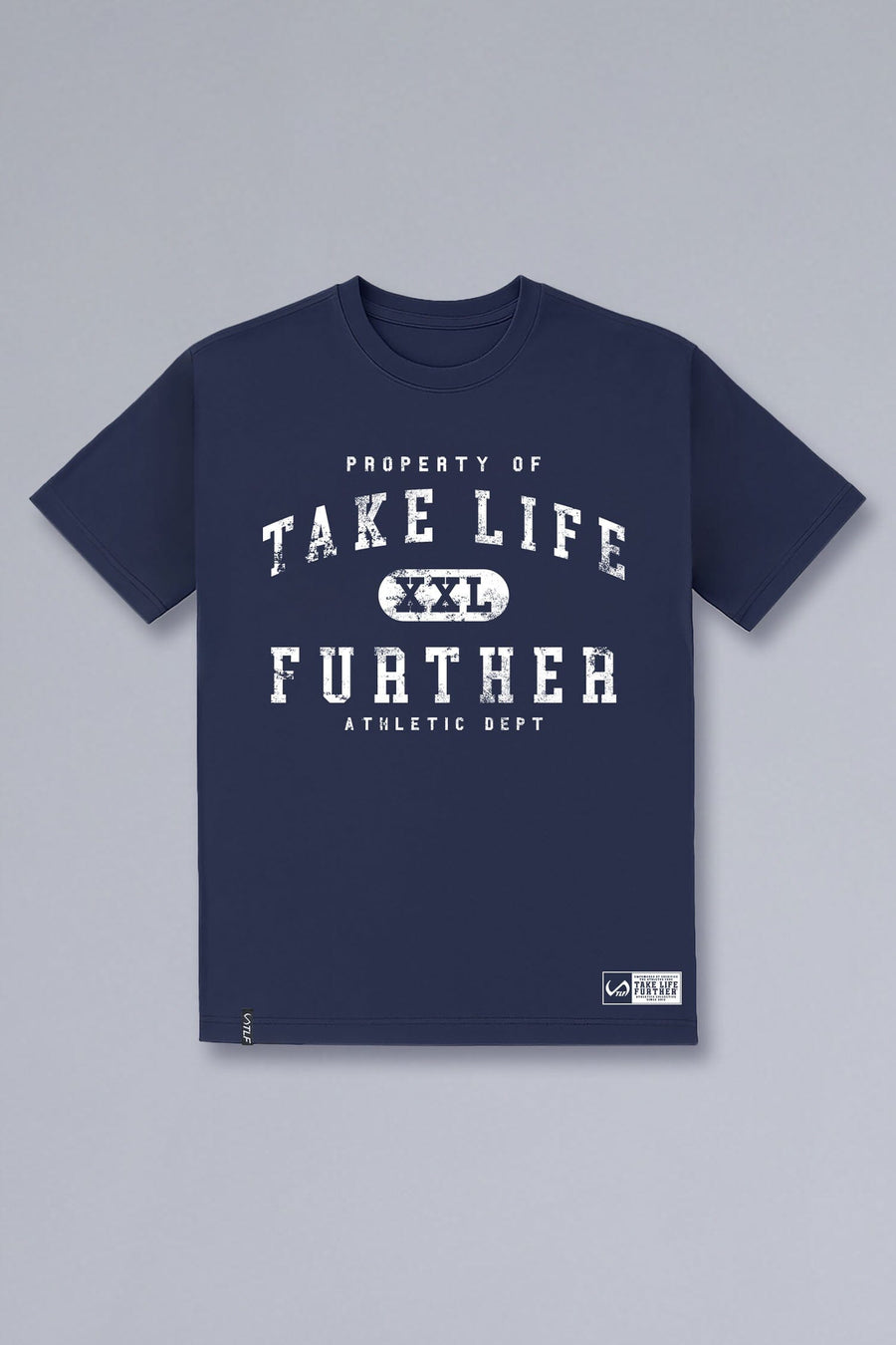Front View of Blue TLF Property of Cotton Luxe Oversized Tee featuring a distressed graphic print design across the chest in our oversized t shirt fit