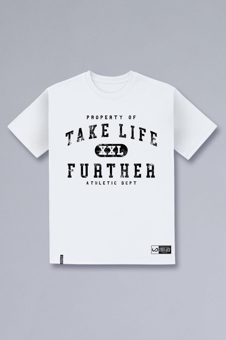 Front View of White TLF Property of Cotton Luxe Oversized Tee featuring a distressed graphic print design across the chest in our oversized t shirt fit