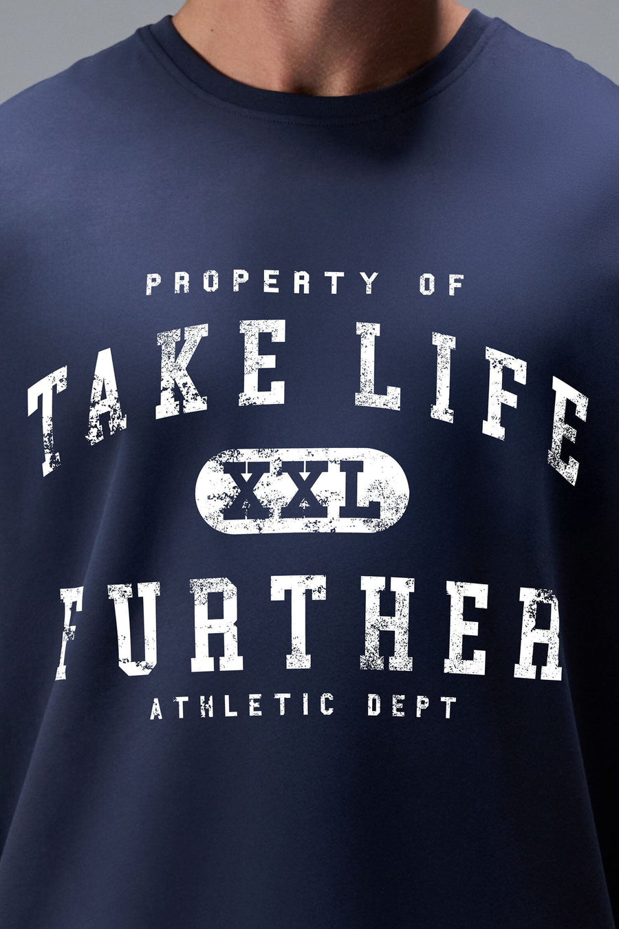 Detail Front View of Blue TLF Property of Cotton Luxe Oversized Tee featuring a distressed graphic print design across the chest in our oversized t shirt fit