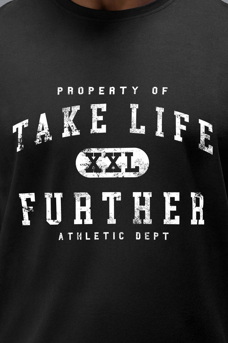 Detail Front View of Black TLF Property of Cotton Luxe Oversized Tee featuring a distressed graphic print design across the chest in our oversized t shirt fit