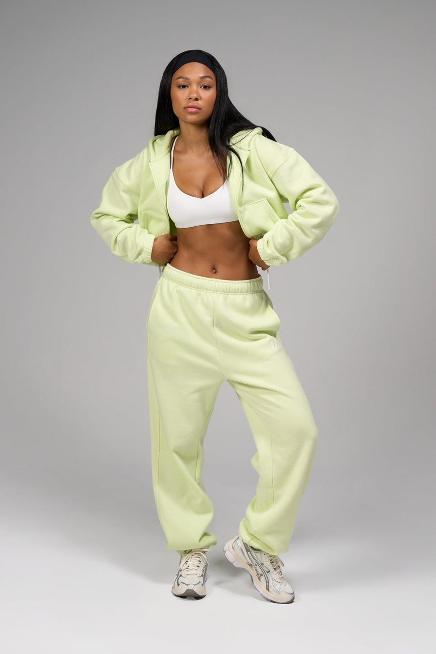 Front View of Pistachio Reset Cropped Zip-Up Hoodie