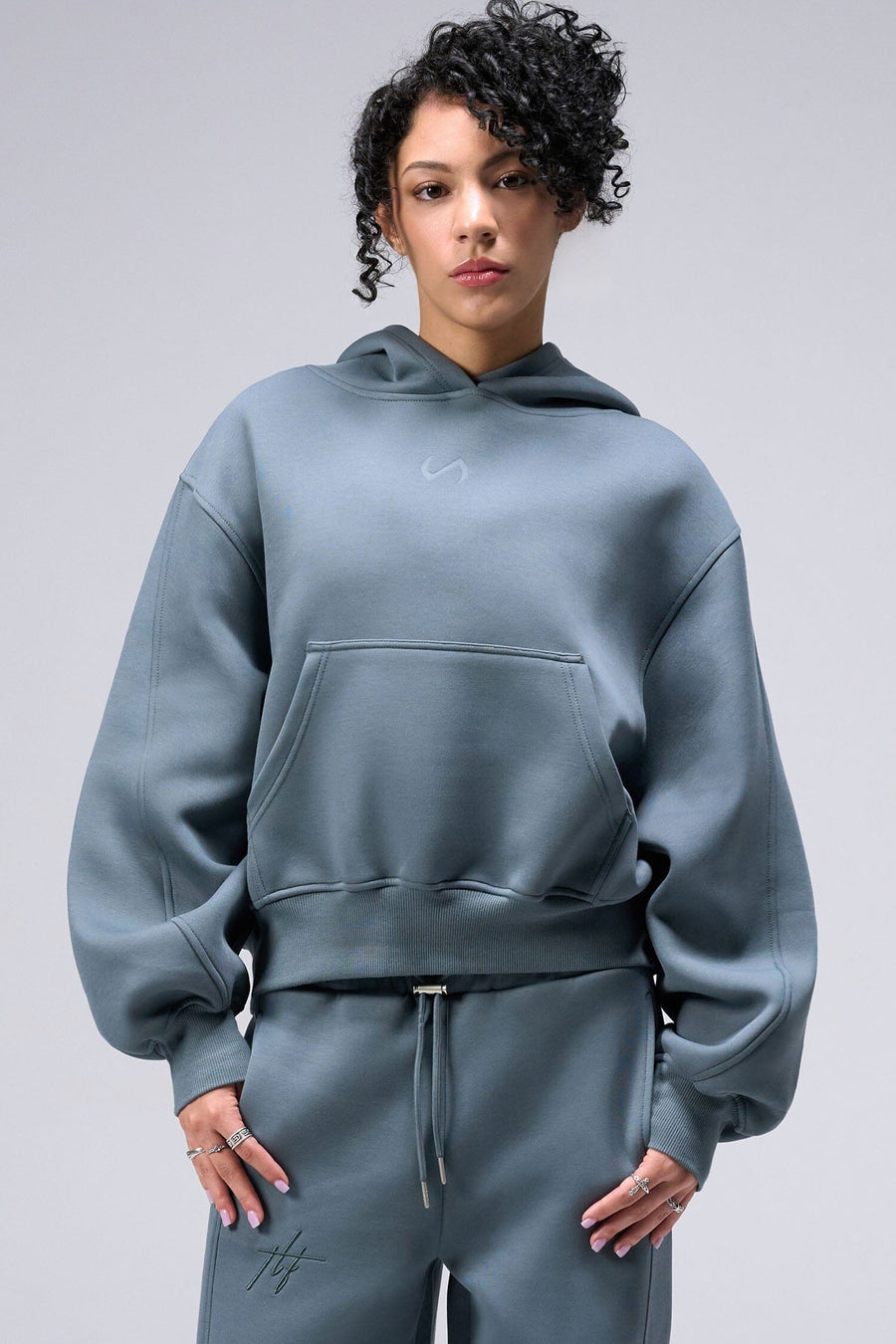 Front view Of Women's Scuba Tech Oversized Cropped Hoodie in Stormy Weather