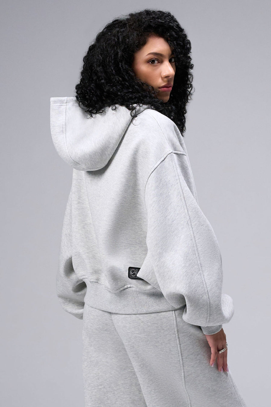 Back View Of Women's Scuba Tech Oversized Cropped Hoodie in Light Heather Gray