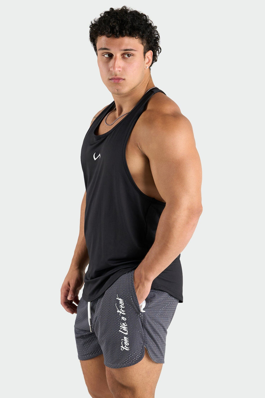Front View of Charcoal Train Like a Freak 5 Inch Mesh Shorts