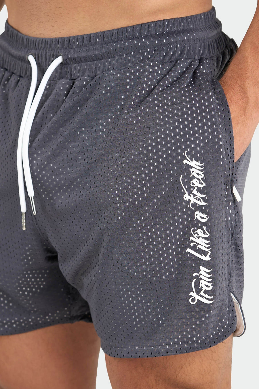 Front View of Charcoal Train Like a Freak 5 Inch Mesh Shorts