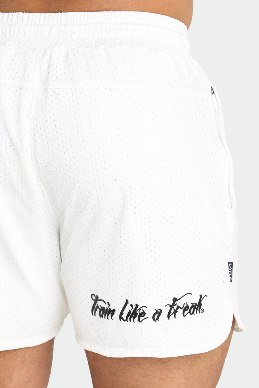 Back View of White Train Like a Freak 5 Inch Mesh Shorts
