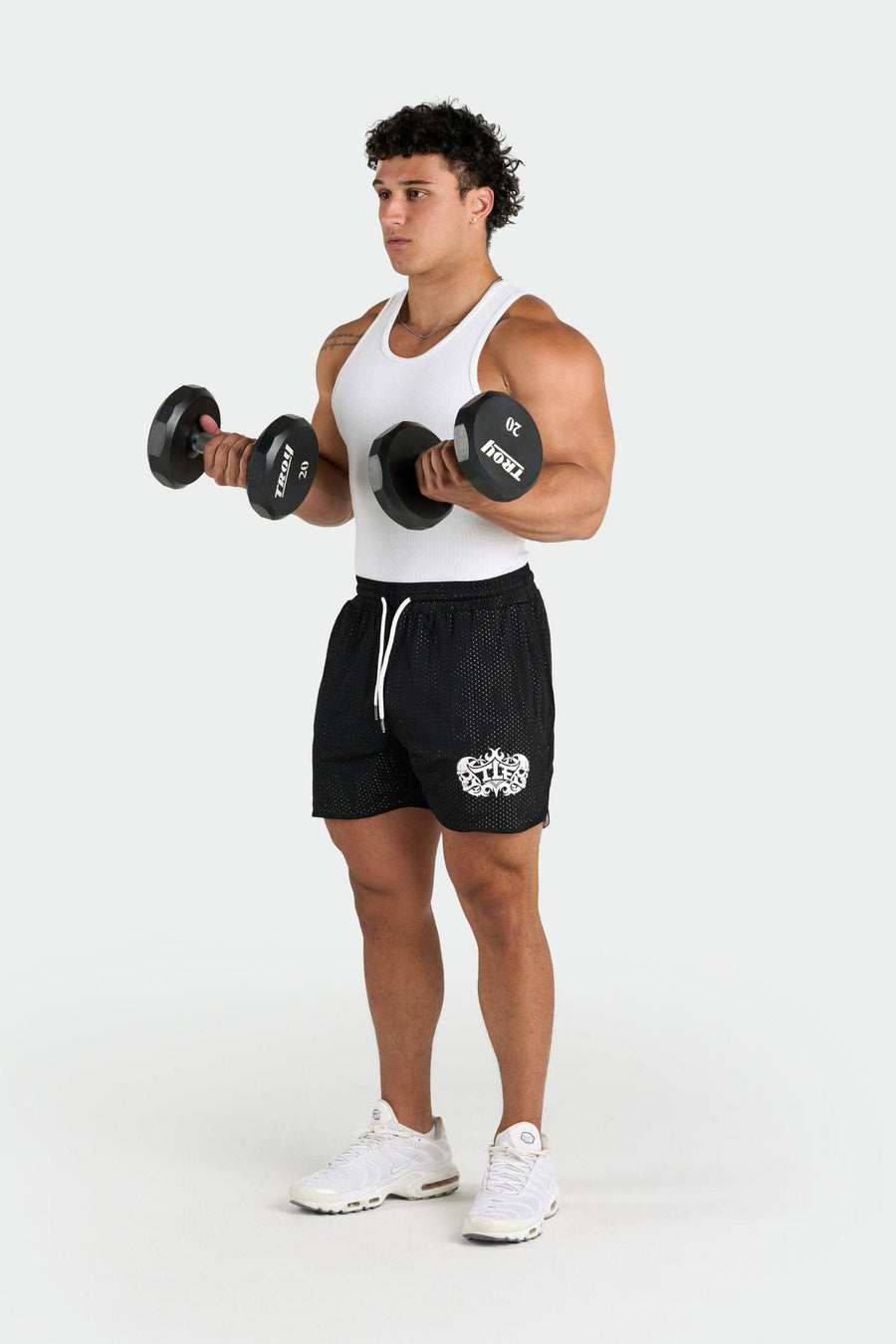 Front View of Black Train Like a Freak 5 Inch Mesh Shorts