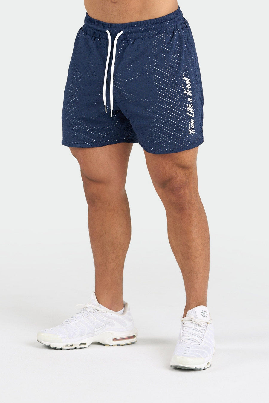 Front View of Deep Navy Train Like a Freak 5 Inch Mesh Shorts