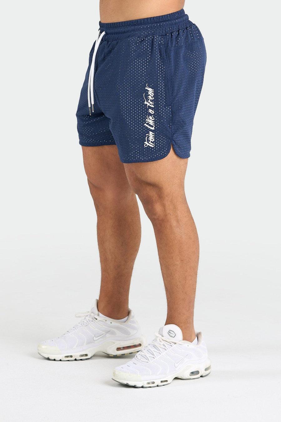 Front View of Deep Navy Train Like a Freak 5 Inch Mesh Shorts
