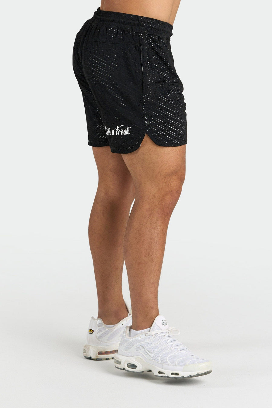 Side View of Black Train Like a Freak 5 Inch Mesh Shorts