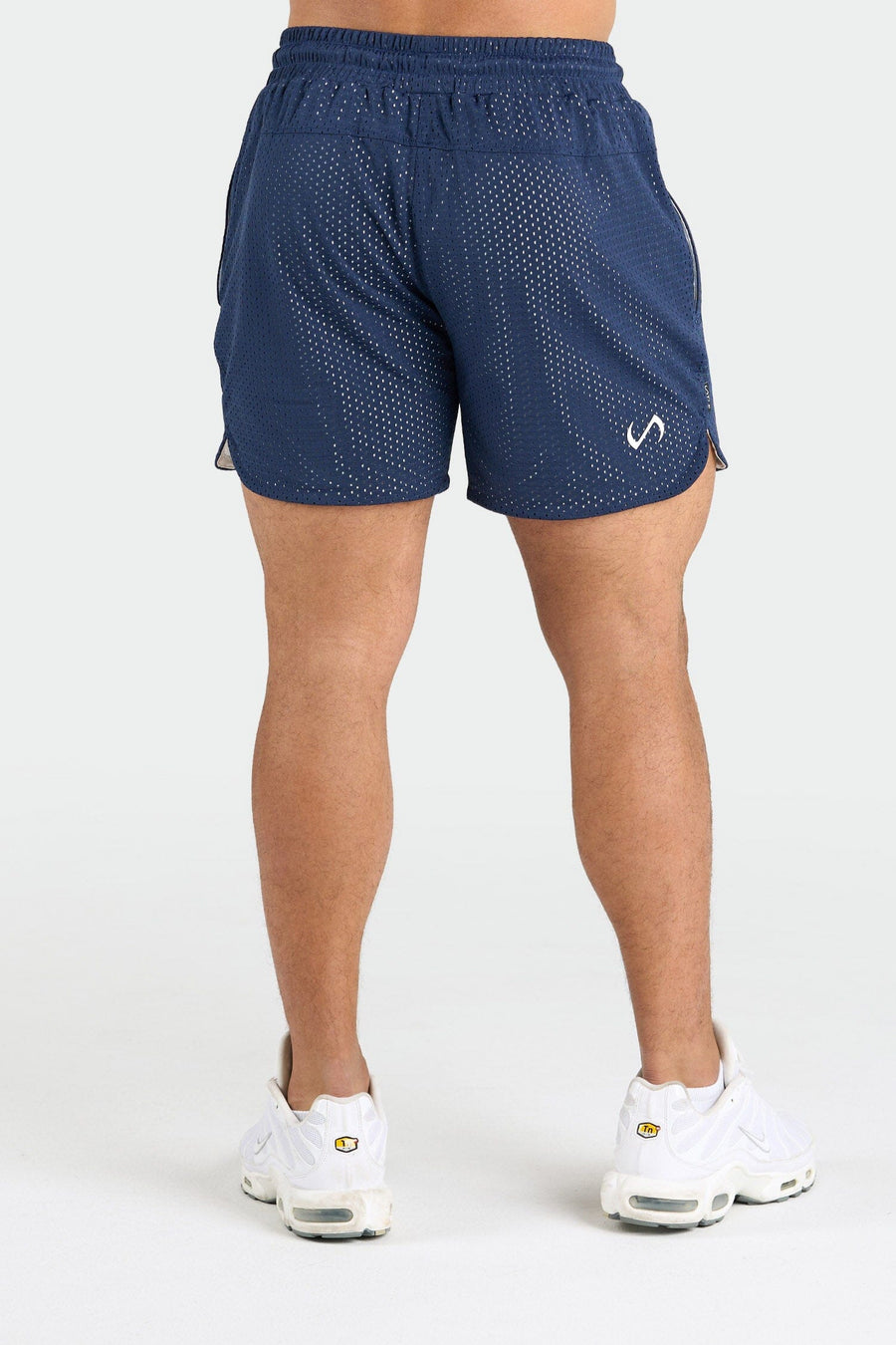 Back View of Deep Navy Train Like a Freak 5 Inch Mesh Shorts