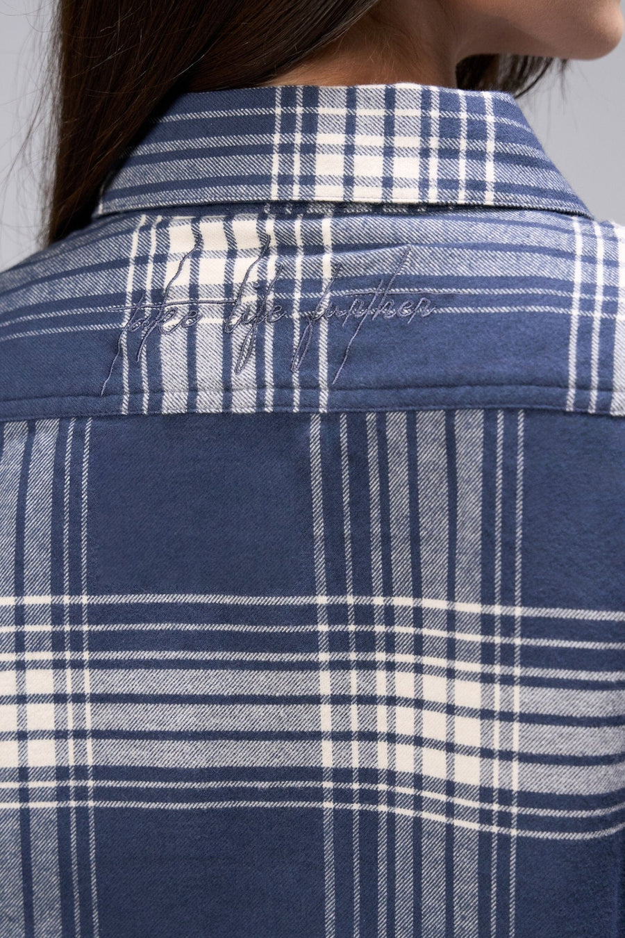 Back View of Unisex Soft Flannel Shacket Blue Plaid
