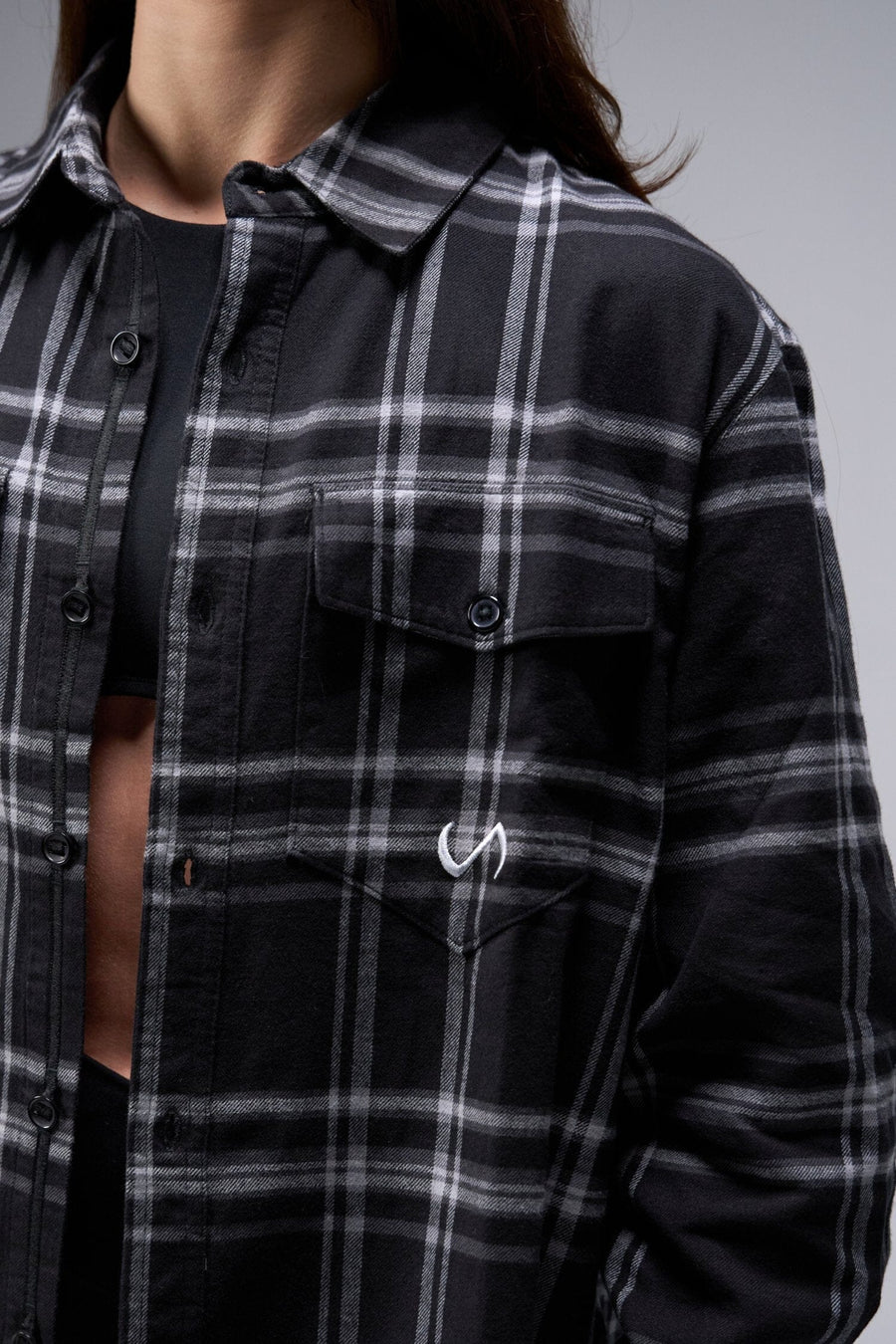 Front View of Unisex Soft Flannel Shacket Black Plaid